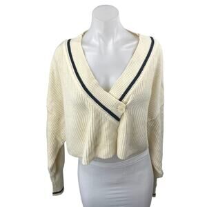 Oak + Fort Cream Rib Chunky Knit V-neck Long Sleeve Crop Cardigan Sweater Top M